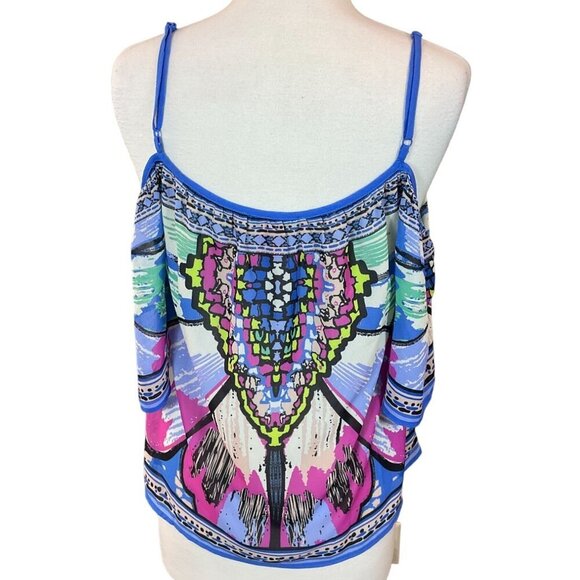 Flying Tomato Colorful Boho Print Semi Sheer Jewel Tone Cold Shoulder Top M - Picture 4 of 7